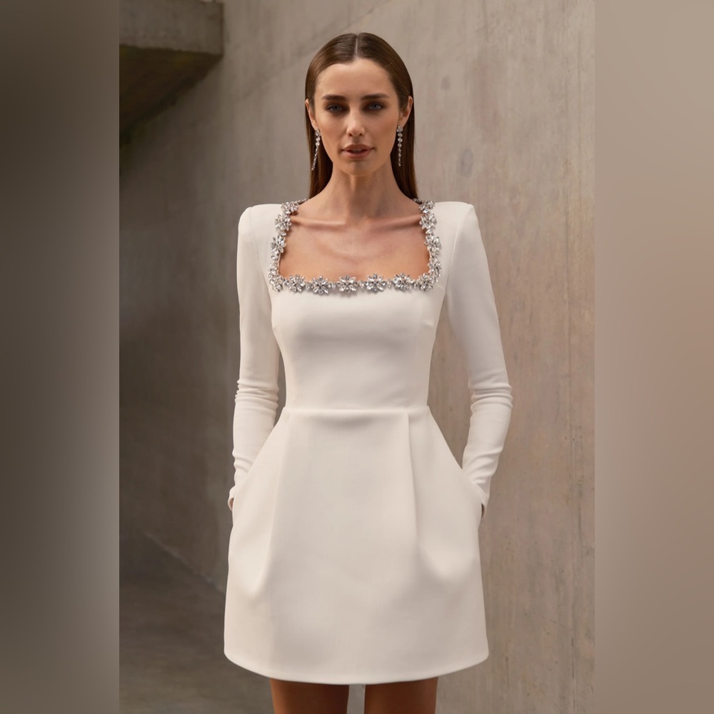 NADINE MERABI White Mini Dress with Silver Embellishments